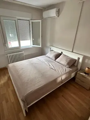 a bedroom with a large bed and two windows at Apartment BLOK62 in Bežanija