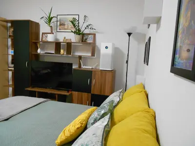 a living room with a bed and a television at Apartment Square 59 Belgrade center in Belgrade