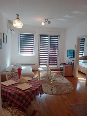 a living room with a couch and a table at Dora Apartman in Mirijevo