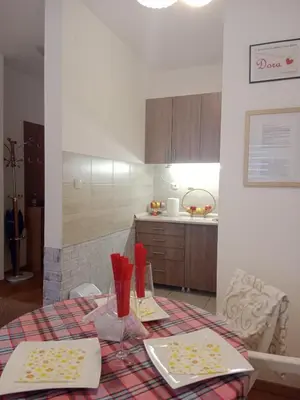 a kitchen with a table with red napkins on it at Dora Apartman in Mirijevo