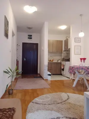 a living room with a table and a kitchen at Dora Apartman in Mirijevo