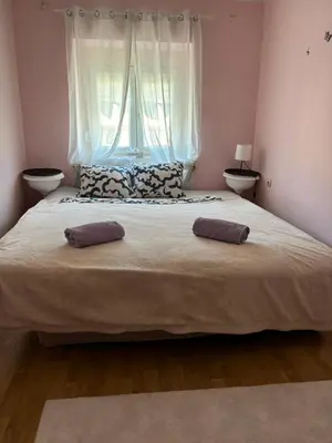 a bedroom with a large bed with two pillows on it at Kneginje Ljubice Apartment in Belgrade