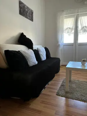 a black couch in a living room with a table at Kneginje Ljubice Apartment in Belgrade