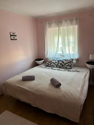 a bedroom with a bed with two pillows and a window at Kneginje Ljubice Apartment in Belgrade
