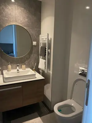 a bathroom with a sink and a toilet and a mirror at Belgrade Waterfront - Verde Studio in Sajmište
