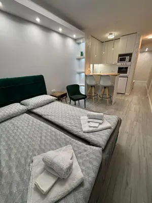 a bedroom with a large bed and a kitchen at Arena New Belgrade by Magenta in Novi Beograd