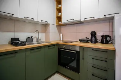 a kitchen with green cabinets and a sink at TOP VIEW apartment 46 in Arandjelovac
