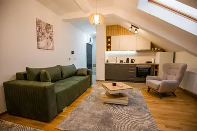 a living room with a green couch and a table at TOP VIEW apartment 40 in Arandjelovac