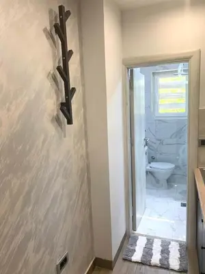 a bathroom with a toilet and a wall at Apartman Vojvoda 1 in Sajmište