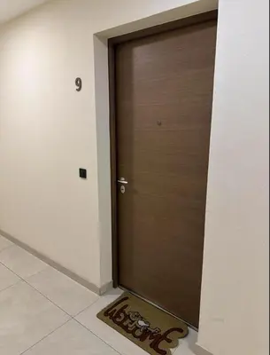 a wooden door in a room with a door mat at Dreams Hill Studio in Čukarica