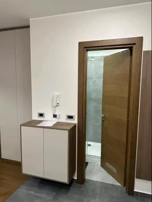 a bathroom with a sink and a wooden door at Dreams Hill Studio in Čukarica