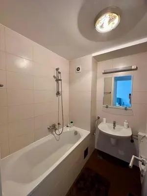 a white bathroom with a tub and a sink at Bellvil 55 in Belgrade