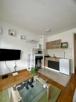 a living room with a kitchen with a glass table at Bellvil 55 in Belgrade