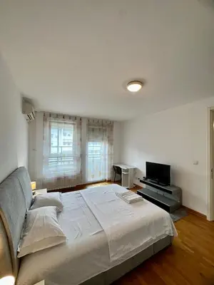 a bedroom with a large bed and a flat screen tv at Bellvil 55 in Belgrade