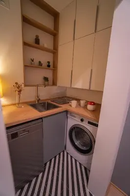 a kitchen with a washing machine and a sink at Zen na dan, Belgrade in Belgrade