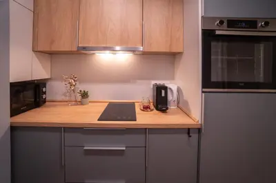 a kitchen with a counter top with a microwave and a stove at Zen na dan, Belgrade in Belgrade
