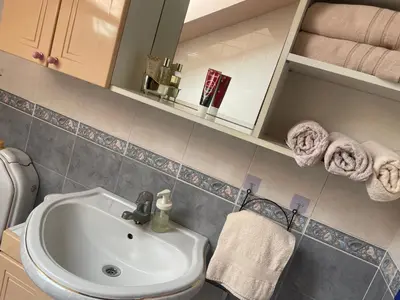 a bathroom with a sink and a mirror and towels at Apartman 1 in Krnjača