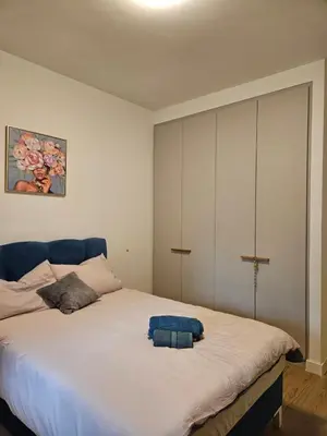 a bedroom with a large white bed in a room at BwMils Apartment in Belgrade