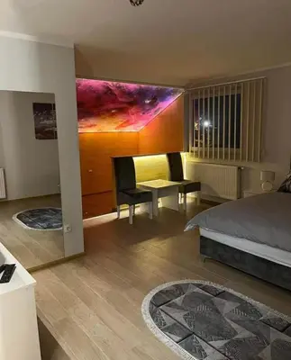 a bedroom with a bed and a desk in a room at Olimpic Apartmani BG in Batajnica