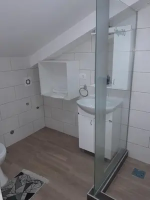 a bathroom with a sink and a toilet at Olimpic Apartmani BG in Batajnica
