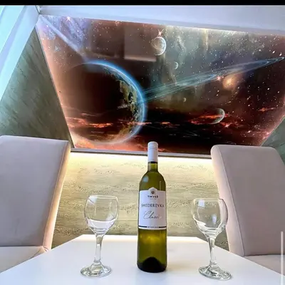 a bottle of wine sitting on a table with two glasses at Olimpic Apartmani BG in Batajnica
