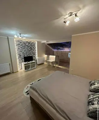 a bedroom with a large bed and a living room at Olimpic Apartmani BG in Batajnica