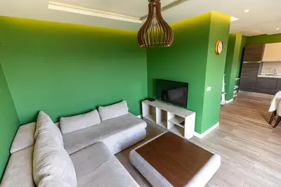 a living room with a couch and a green wall at Hram Vracar in Belgrade