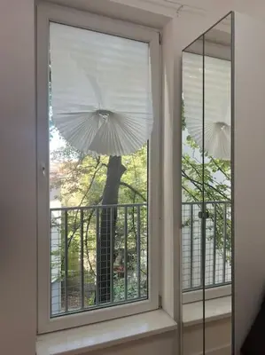 a window with a reflection of a tree in it at Kopernikova Studio in Belgrade