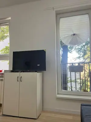 a living room with a tv and a window at Kopernikova Studio in Belgrade