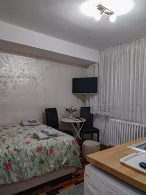 a bedroom with a bed and a desk and a table at Studio-Harmony in Kanarevo Brdo