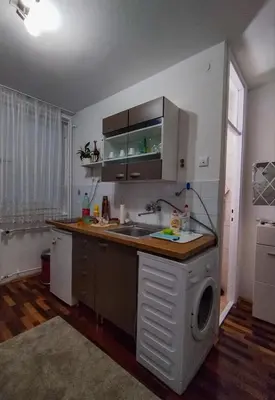 a kitchen with a sink and a washing machine at Studio-Harmony in Kanarevo Brdo