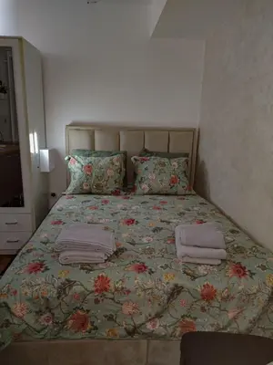 a bedroom with a bed with two towels on it at Studio-Harmony in Kanarevo Brdo