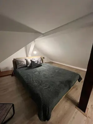 a bedroom with a bed in an attic at Potkrovlje Riki u centru Beograda in Belgrade