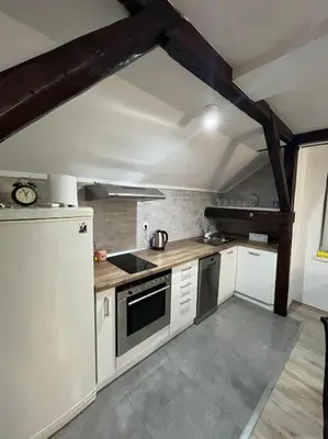 a kitchen with white cabinets and a white refrigerator at Potkrovlje Riki u centru Beograda in Belgrade