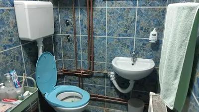 a bathroom with a blue toilet and a sink at Apartman Toki, Aranđelovac in Arandjelovac