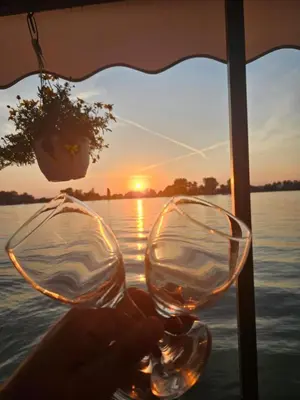 a person holding a wine glass in front of the water at Splav na Savi in Ostružnica