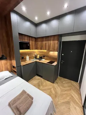 a bedroom with a bed and a kitchen with a sink at Riverside Heritage Lux and Modern in Sajmište