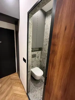 a bathroom with a toilet and a mirror at Riverside Heritage Lux and Modern in Sajmište