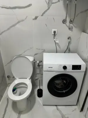 a bathroom with a toilet and a washing machine at Popovic in Ub
