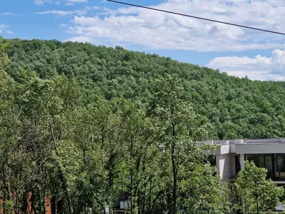 a mountain with trees in front of a building at Kosmaj Renew - Sunset View in Koraćica