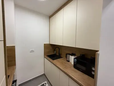 a kitchen with a sink and a microwave at Apartman Lukač in Belgrade