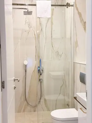 a bathroom with a shower and a toilet at Cetinjska Palace in Belgrade
