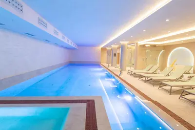 a large swimming pool with lounge chairs and a swimming pool at Hotel HOGO in Inđija