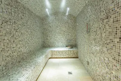 a bathroom with a tub in a tiled wall at Hotel HOGO in Inđija