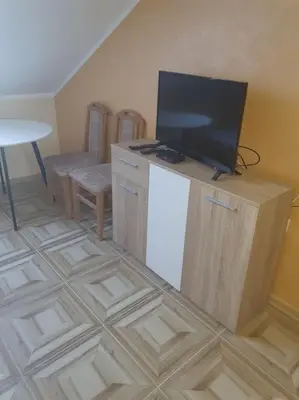 a living room with a tv on top of a refrigerator at Small cute single room A2 in Pancevo in Pančevo