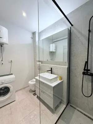 a bathroom with a sink and a washing machine at Apartment A3, Center, Belgrade in Belgrade