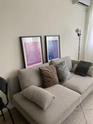 a couch in a living room with three paintings at Fin apartman in Zvezdara