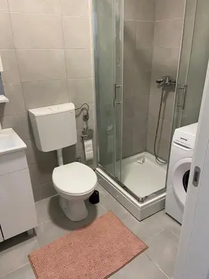 a bathroom with a shower with a toilet and a sink at Fin apartman in Zvezdara