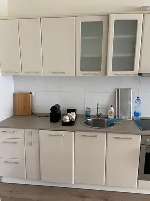 a kitchen with white cabinets and a sink at Fin apartman in Zvezdara