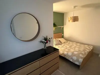 a bedroom with a bed and a mirror on the wall at Apartman Dorćol VS60 in Belgrade